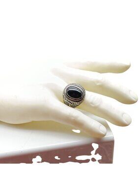 Vintage Silver Ring With Black Stone & Intricate Scrollwork Design